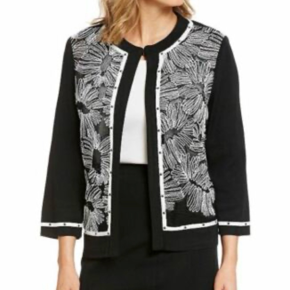 Ming Wang Black and White Floral Cardigan Sweater - Picture 1 of 10